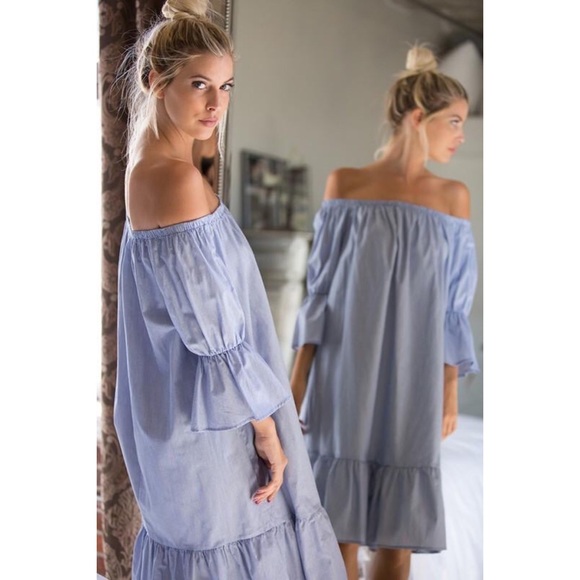 πHPπ Blue Off The Shoulder Pinstripe Mini Dress - Picture 3 of 7